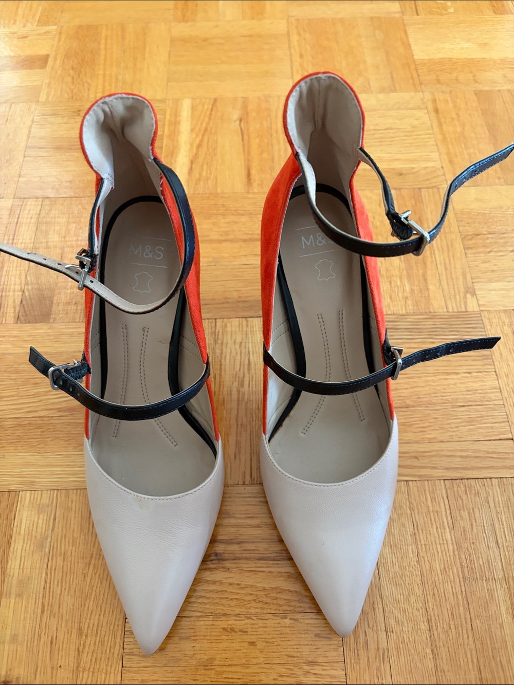 M&S Euro Two-Tone Pointed Toe Ankle-Strap Pumps